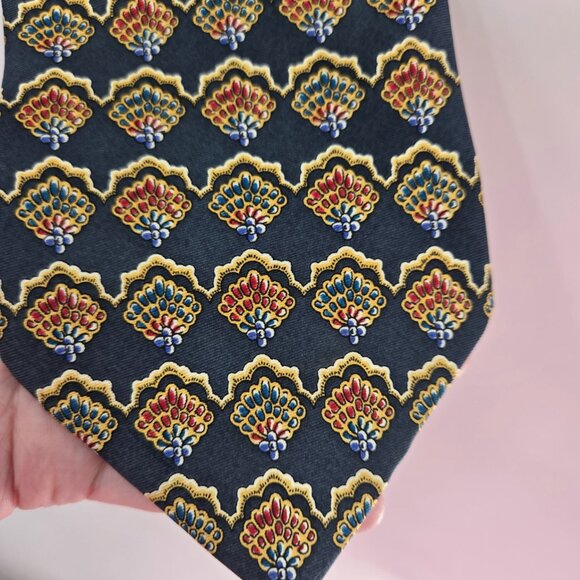 Christian Dior Cravates 100% Silk Navy Floral Fan Pattern Tie - Picture 1 of 6